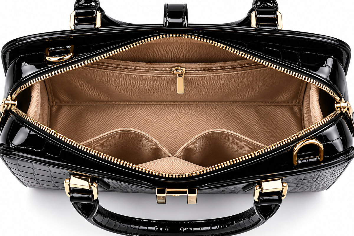The Gloss Croc Vegan Leather Satchel Handbag in Black, view 2