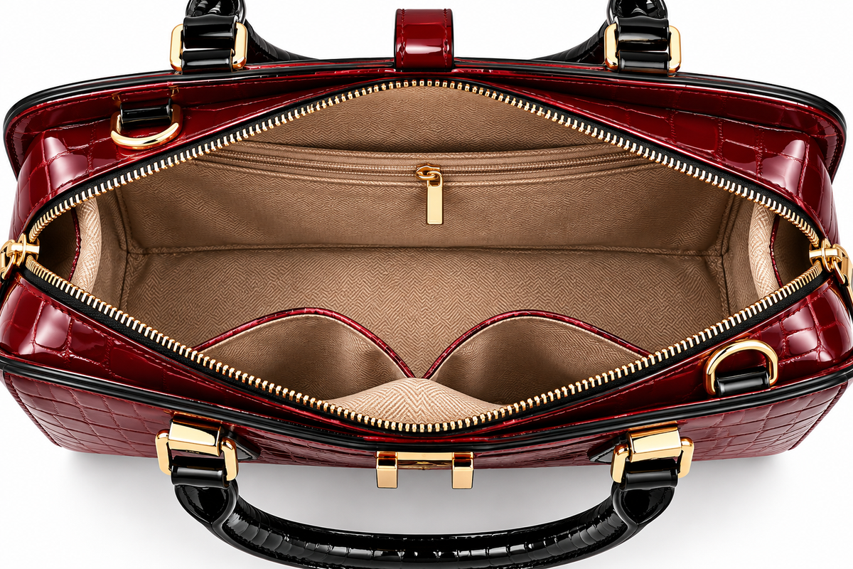 The Gloss Croc Vegan Leather Satchel Handbag in Burgundy, view 2