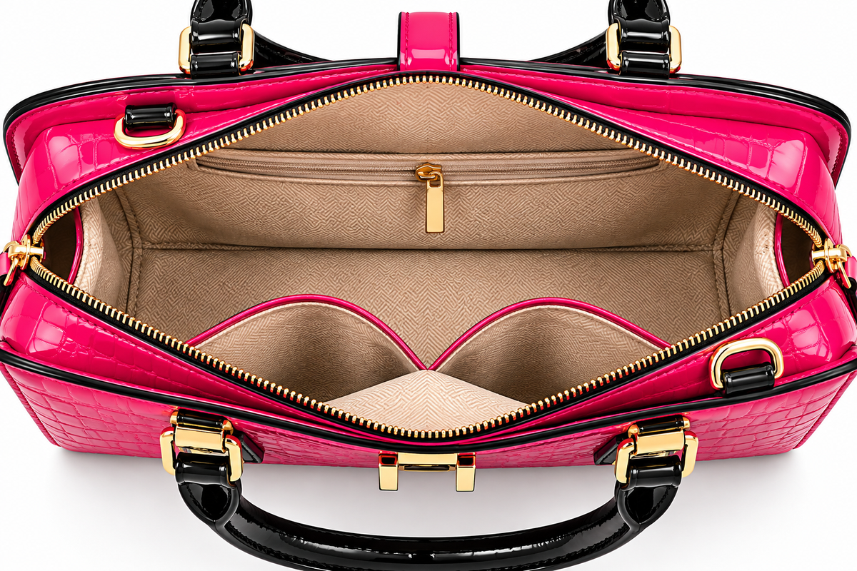 The Gloss Croc Vegan Leather Satchel Handbag in Hot Pink, view 2