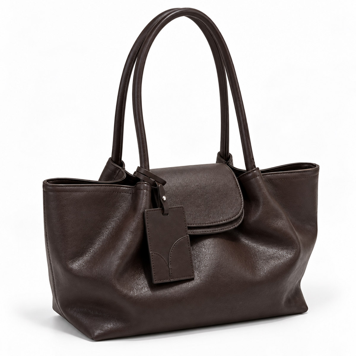 Dark Brown leather tote, angled view