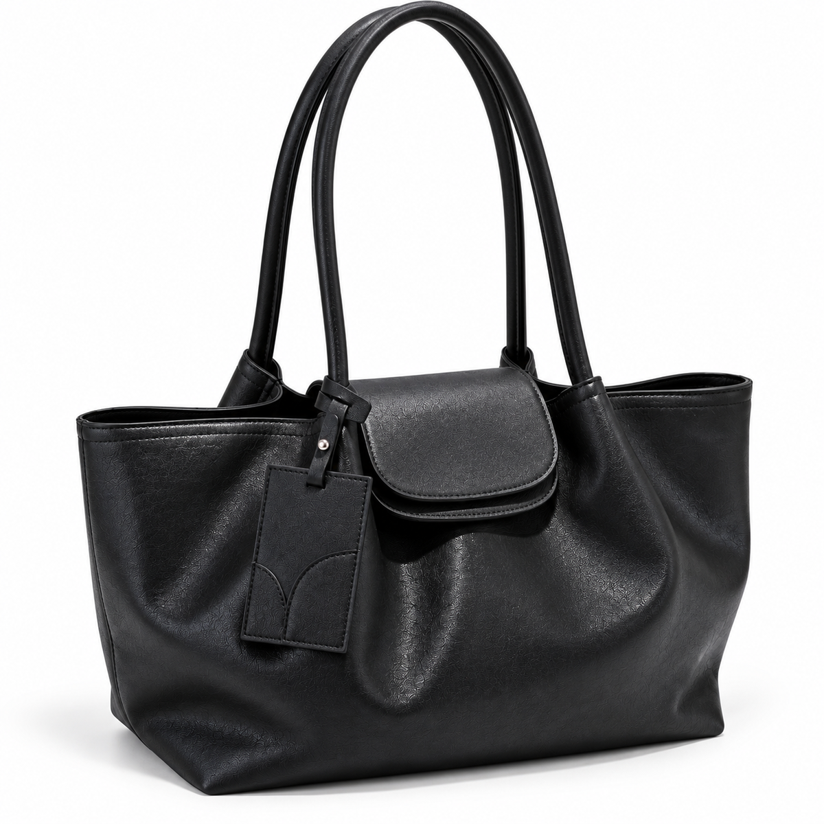 Black leather shoulder tote, angled view
