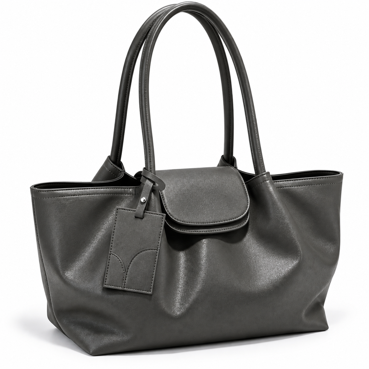 Gray leather shoulder tote, angled view