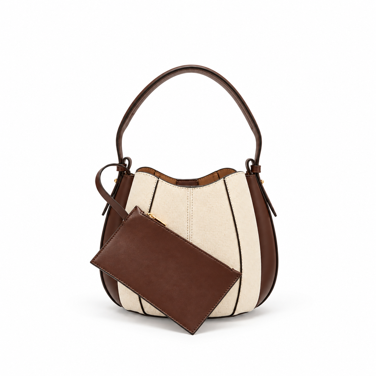 Beige bucket bag with leather top handle and matching zip pouch