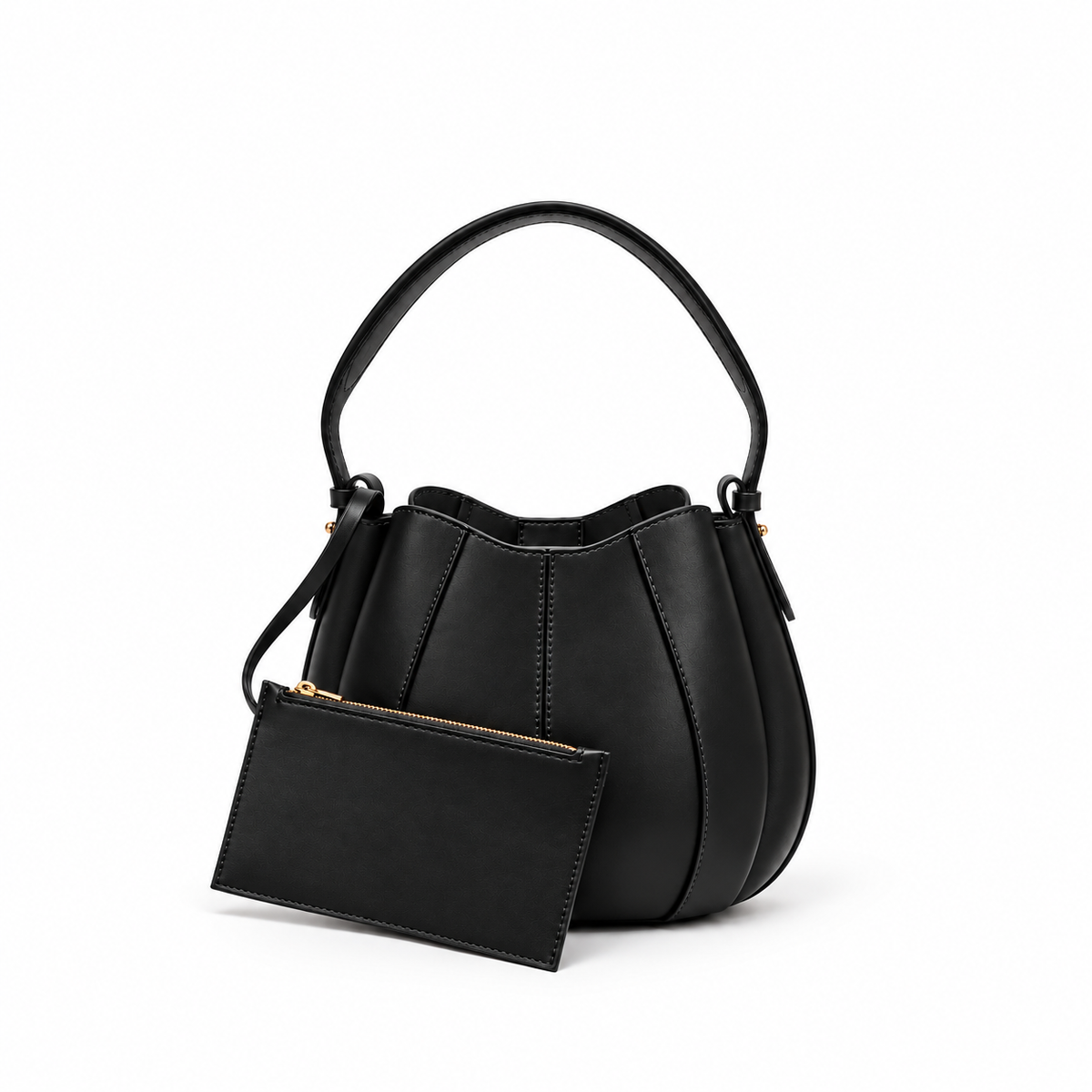 Black bucket bag with top handle and matching zip pouch