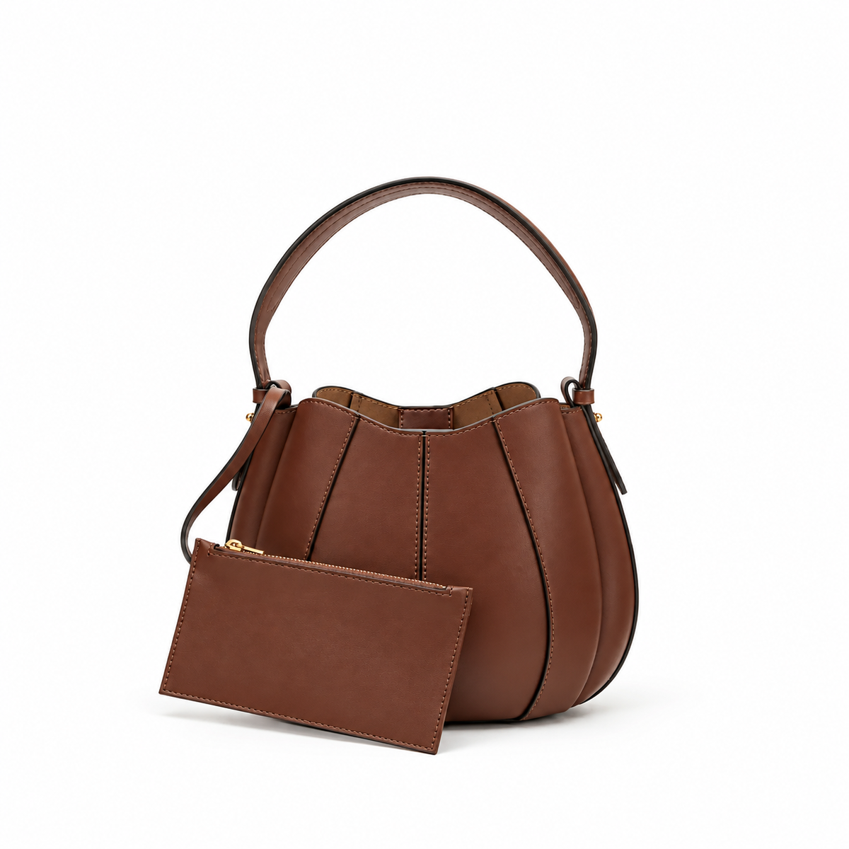 Brown bucket bag with top handle and matching zip pouch