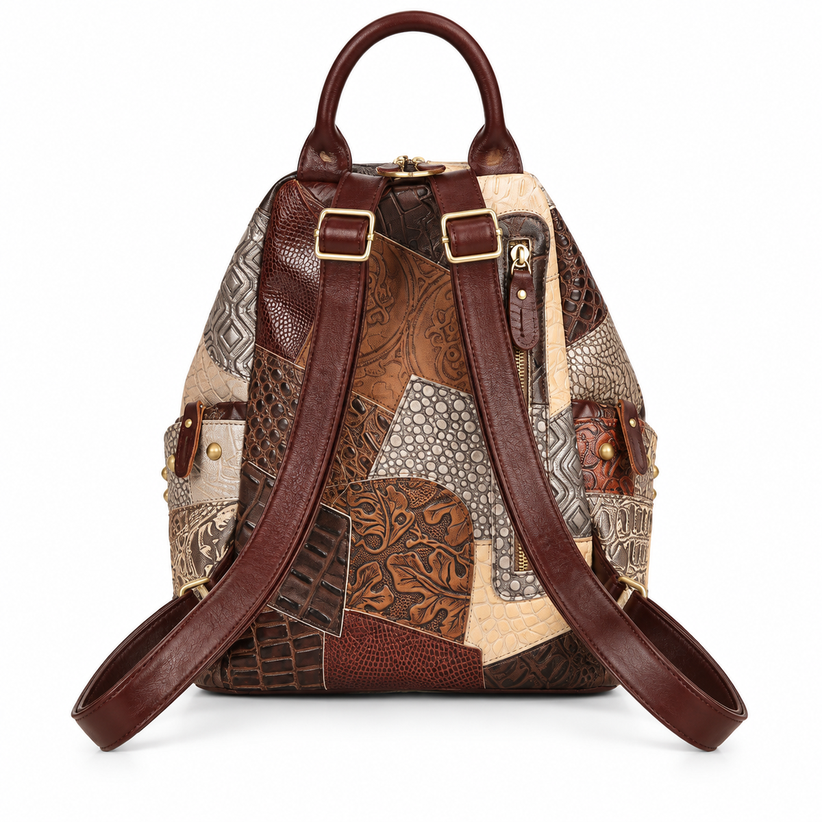 Women's Large Retro Leather Backpack in Brown Patchwork, view 2