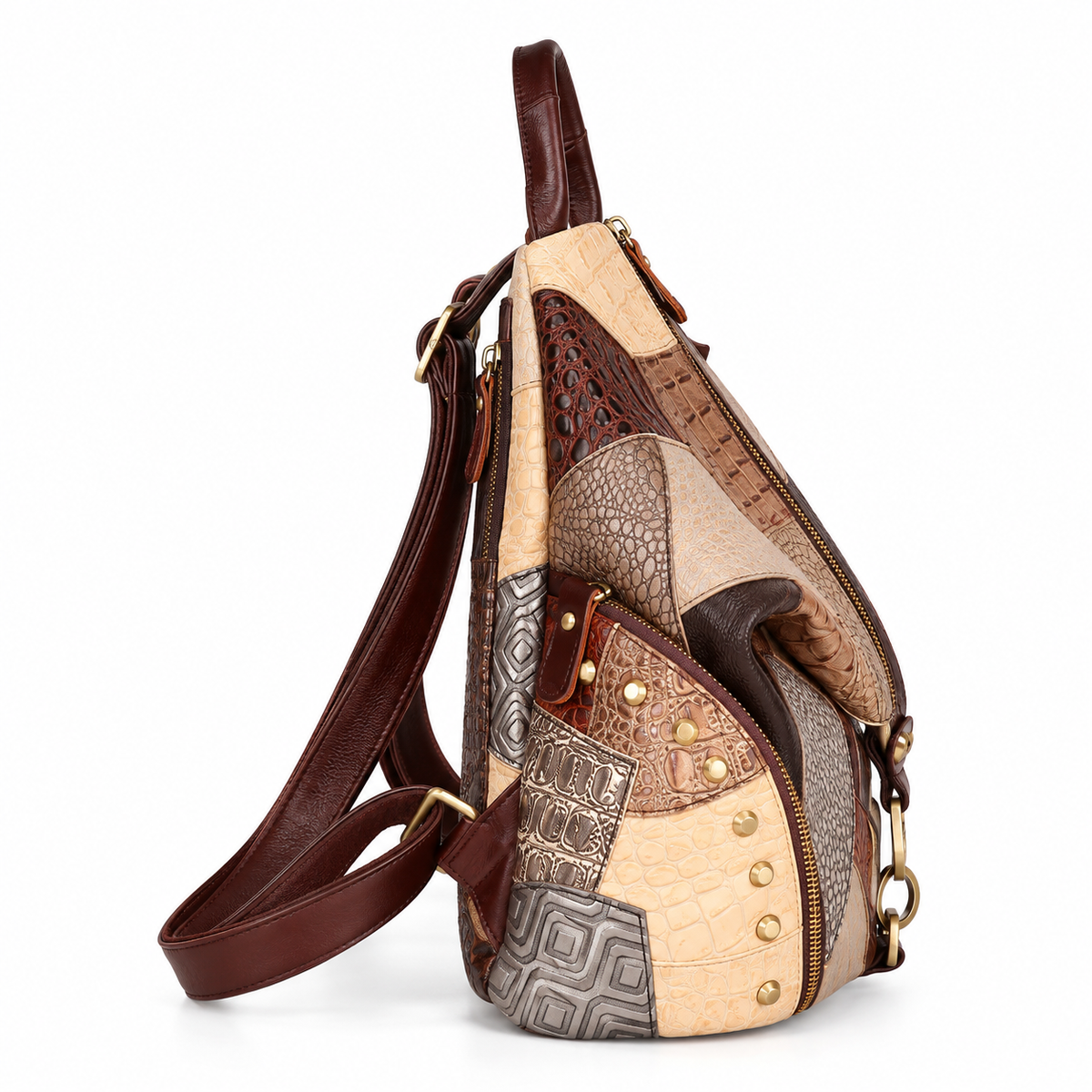 Women's Large Retro Leather Backpack in Brown Patchwork, view 3