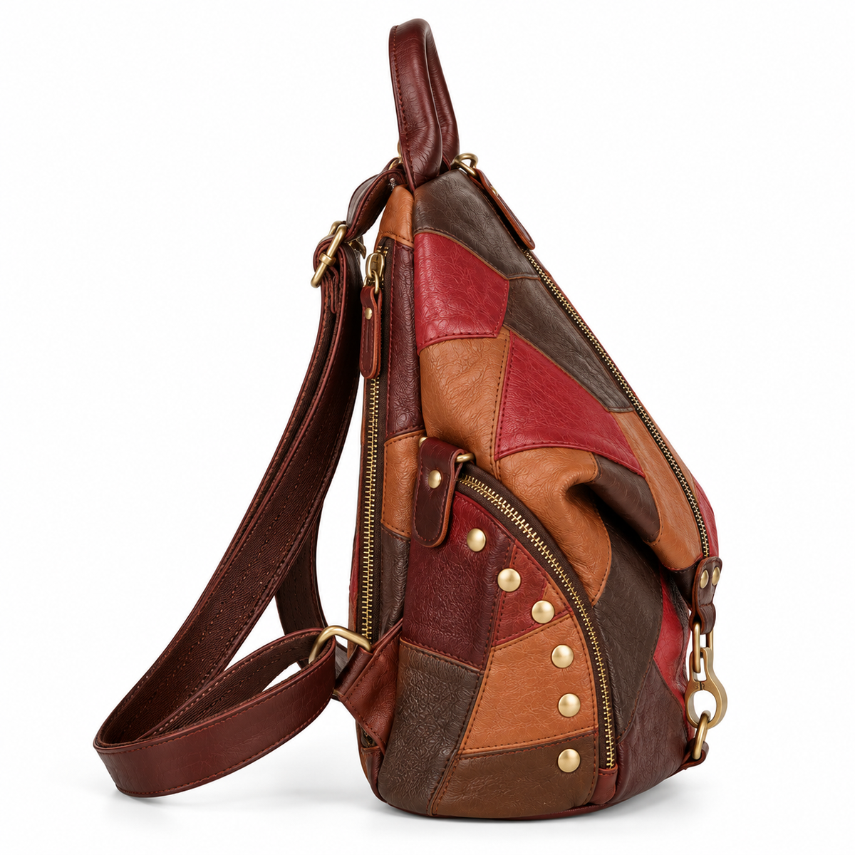 Women's Large Retro Leather Backpack in Multicolor Patchwork, view 3