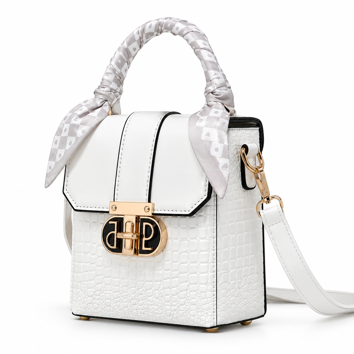 White croc-embossed mini bag with crossbody strap, angled view