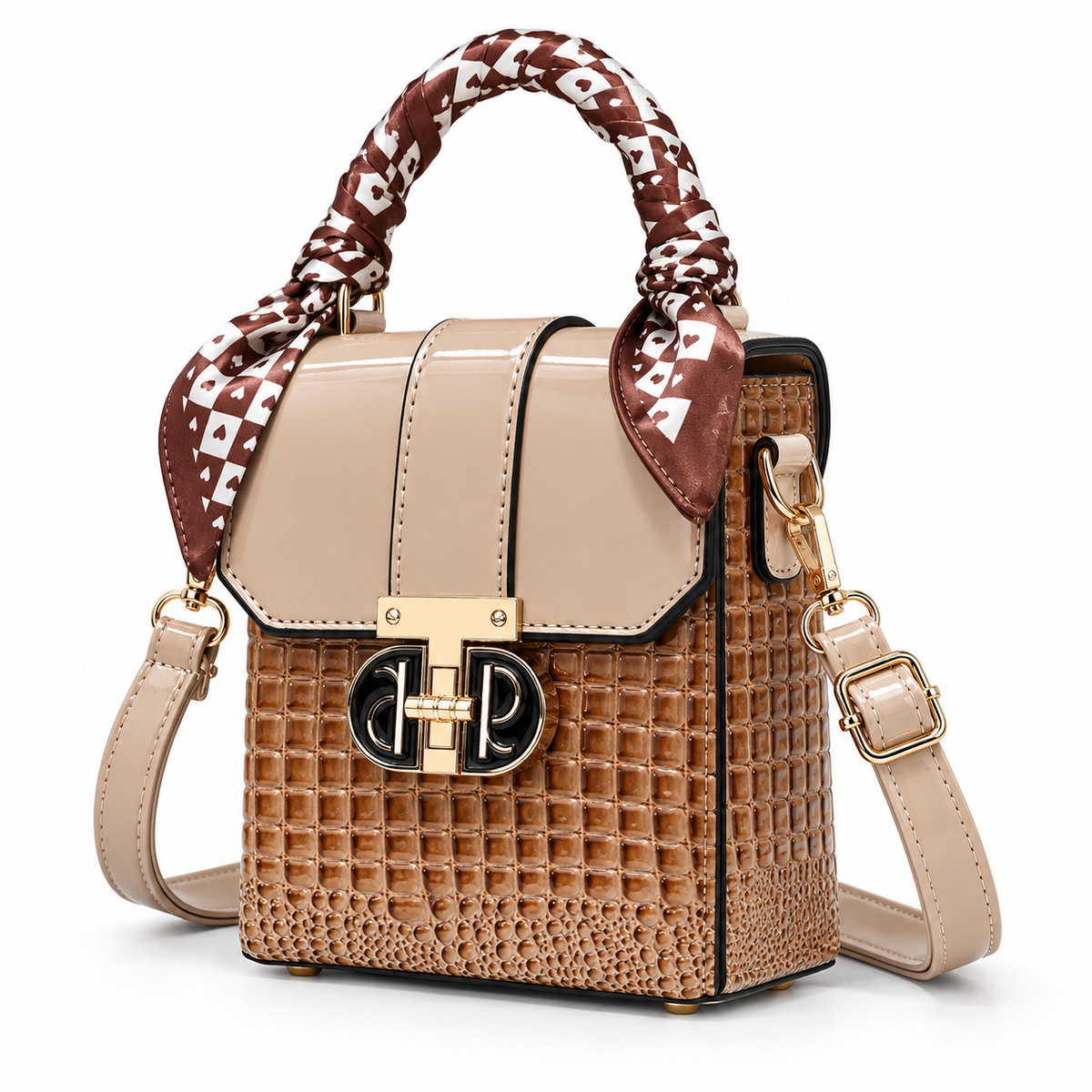 Khaki and brown mini box bag, angled view