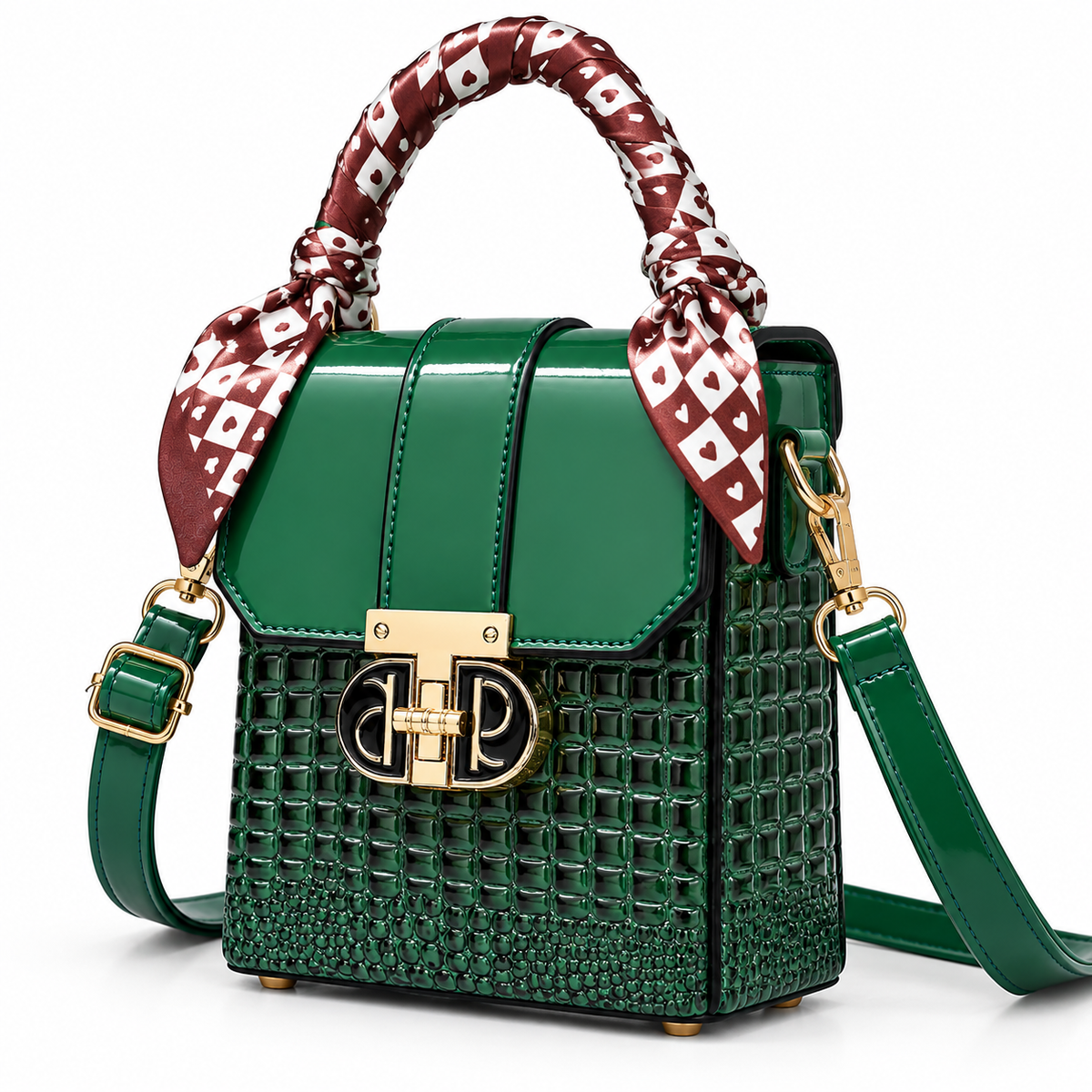 Green croc-embossed mini bag with crossbody strap, angled view