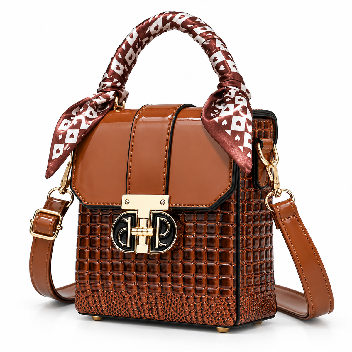 Brown croc-embossed mini bag with crossbody strap, angled view