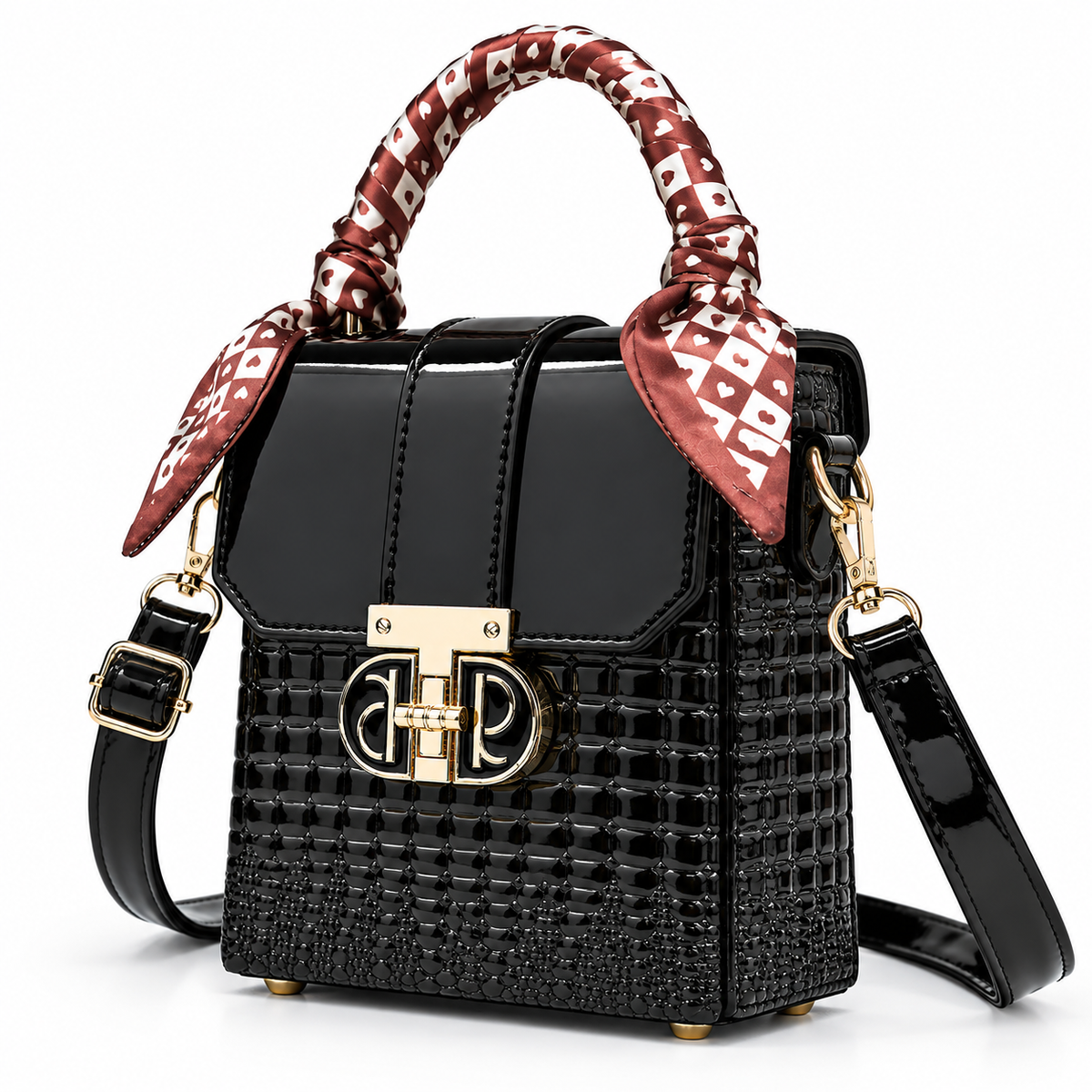 Black croc-embossed mini bag with crossbody strap, angled view