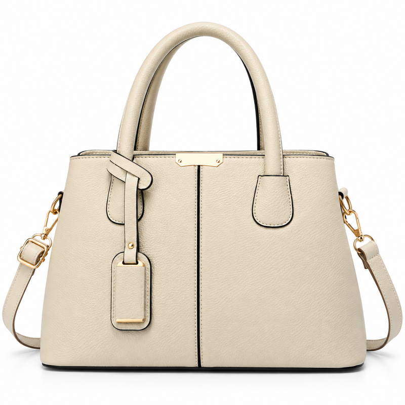 Beige vegan leather top-handle bag with gold hang tag, front view