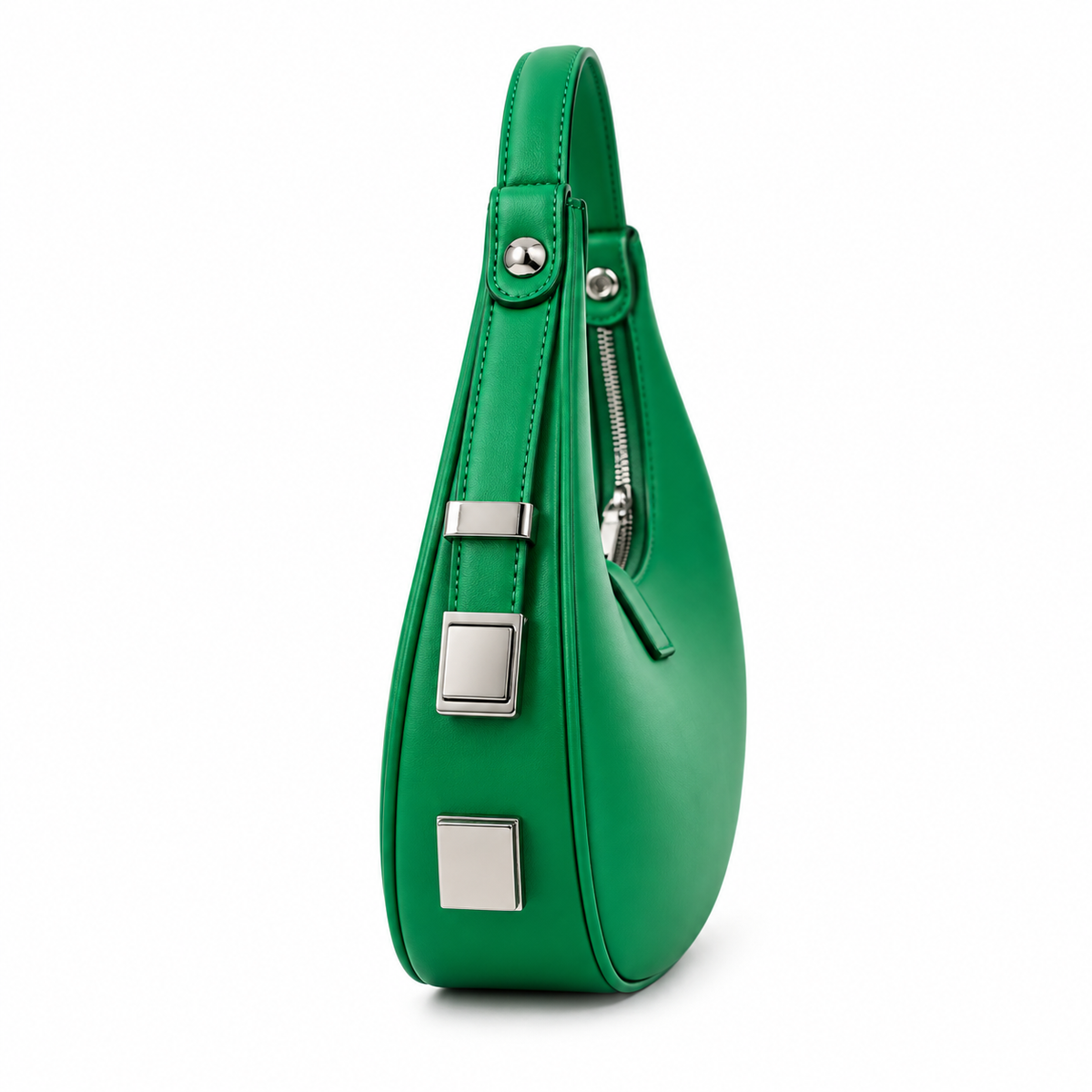 Green crescent bag side view with silver hardware