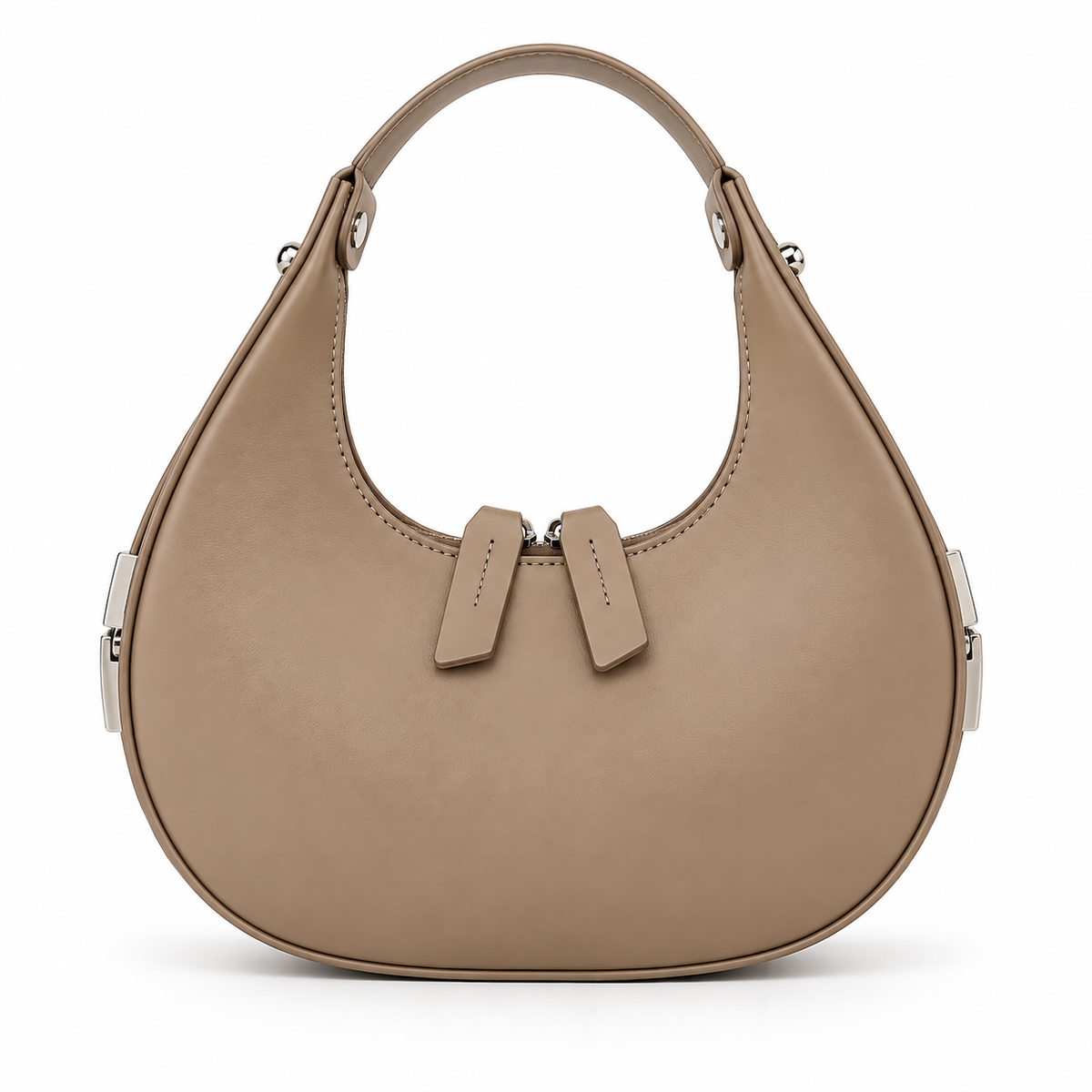 Khaki faux leather crescent bag with zip top