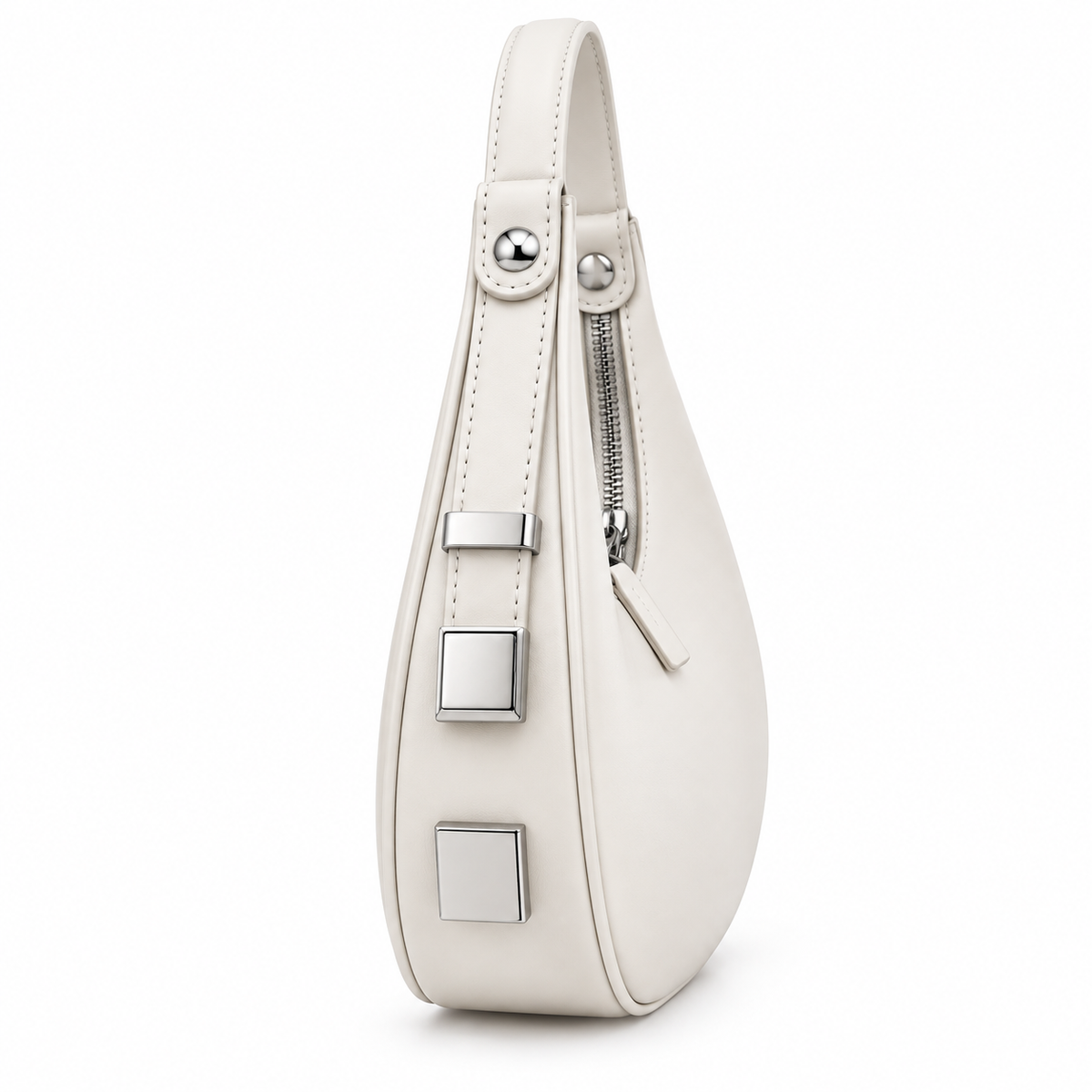 White crescent bag side view with silver hardware