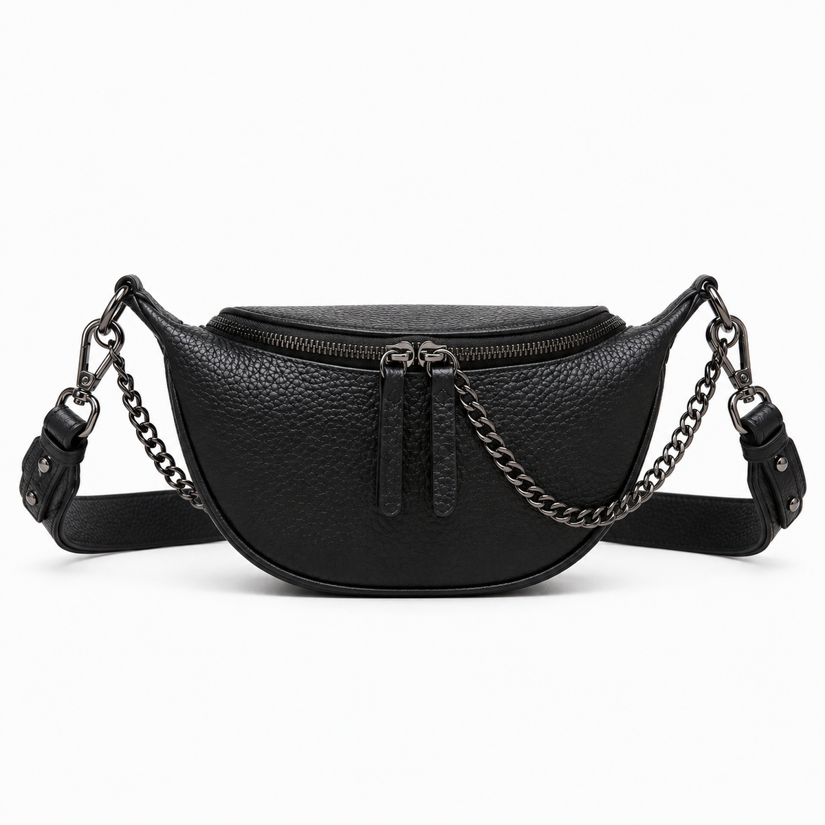 Black pebbled leather sling crossbody bag with chunky chain and wide strap