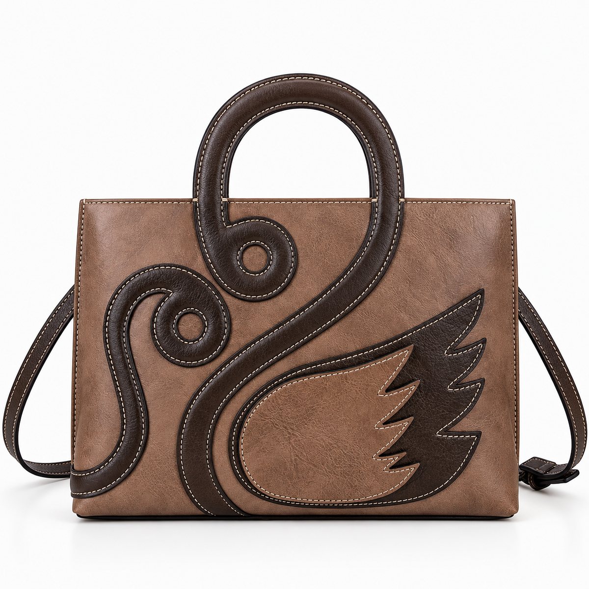 Brown leather tote with swan-neck handle and stitched wing design