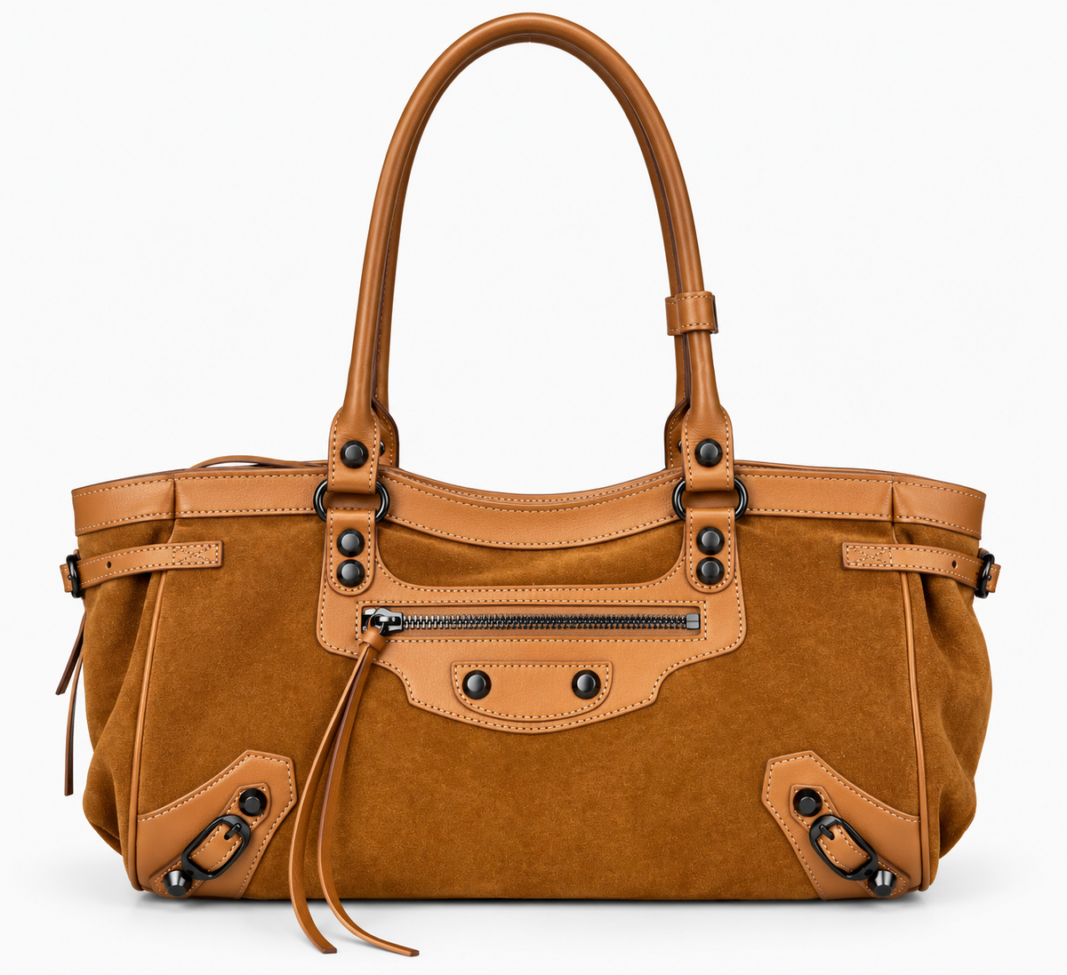 Tan suede-finish moto shoulder bag with leather handles and studs