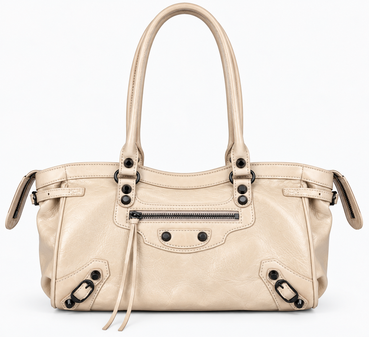 White leather moto shoulder bag with studs and front zip pocket
