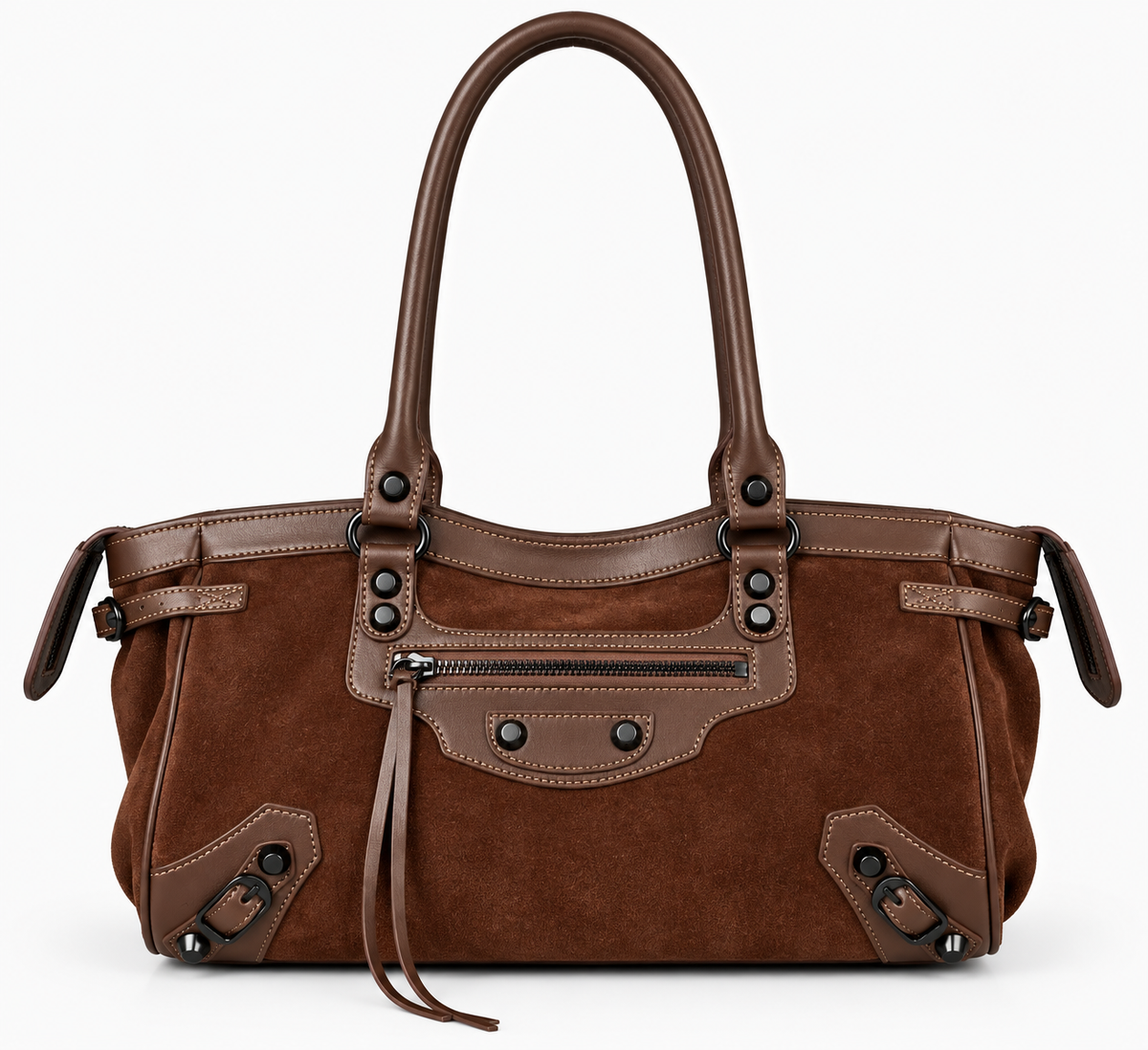 Coffee suede-finish moto shoulder bag with front zip pocket