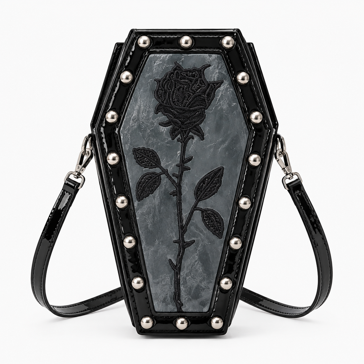 Black patent coffin shoulder bag with silver studs and black embossed rose