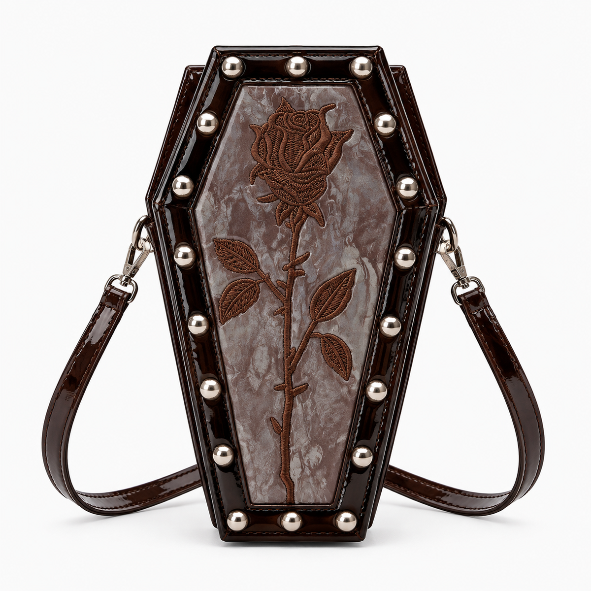 Coffee patent coffin shoulder bag with embossed brown rose