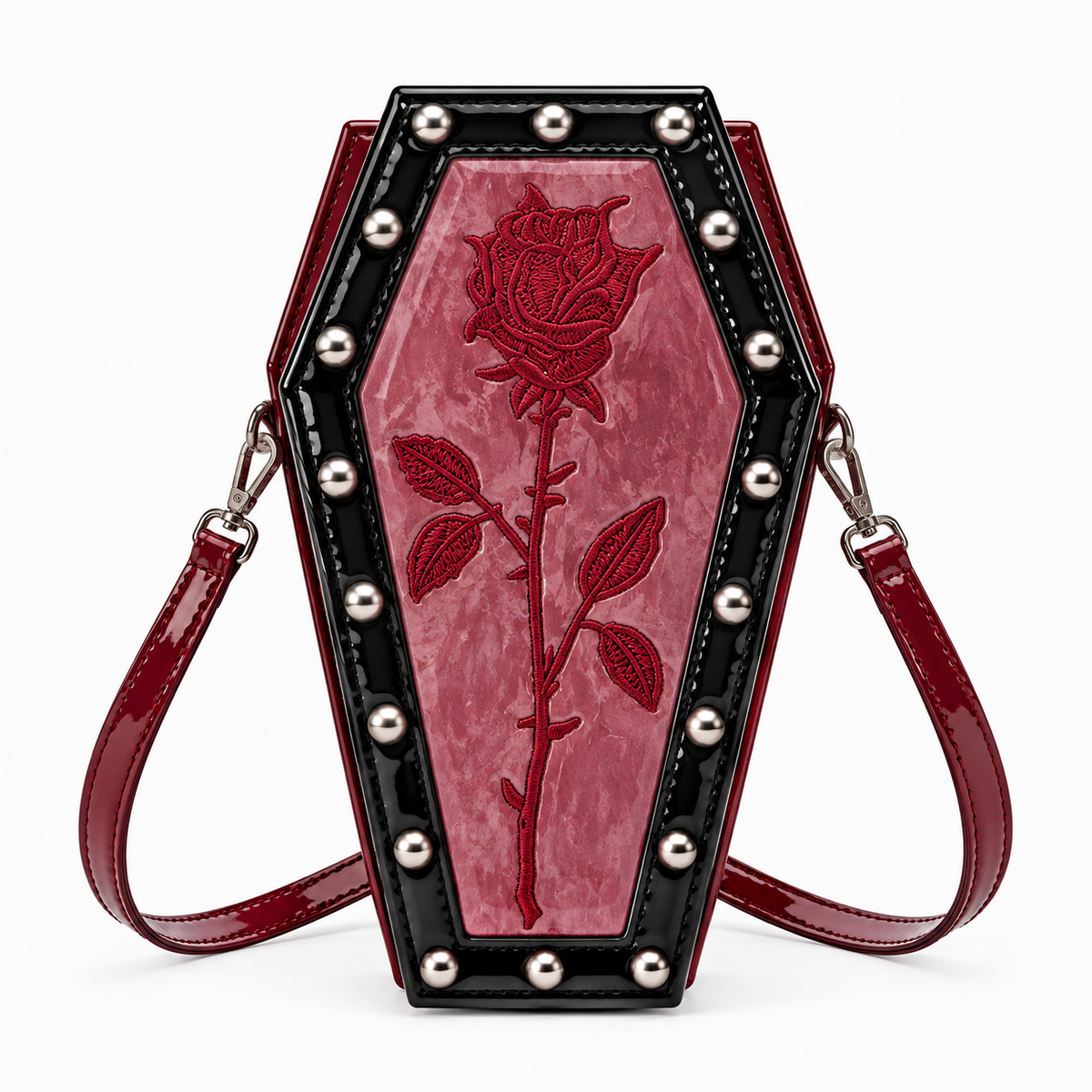 Red patent coffin shoulder bag with embossed red rose