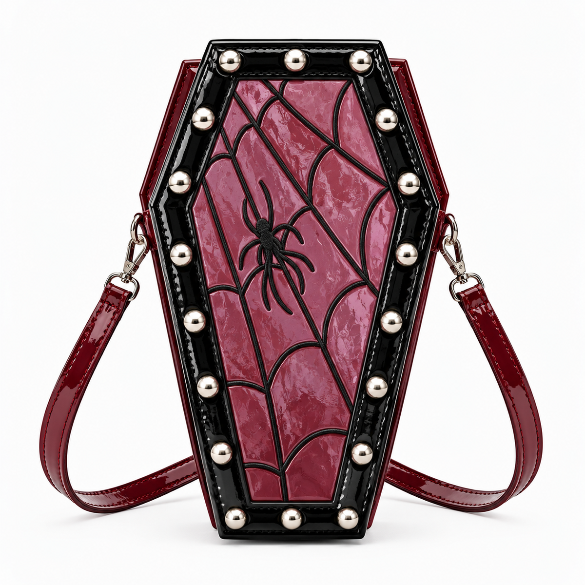 Red patent coffin bag with black spider web design