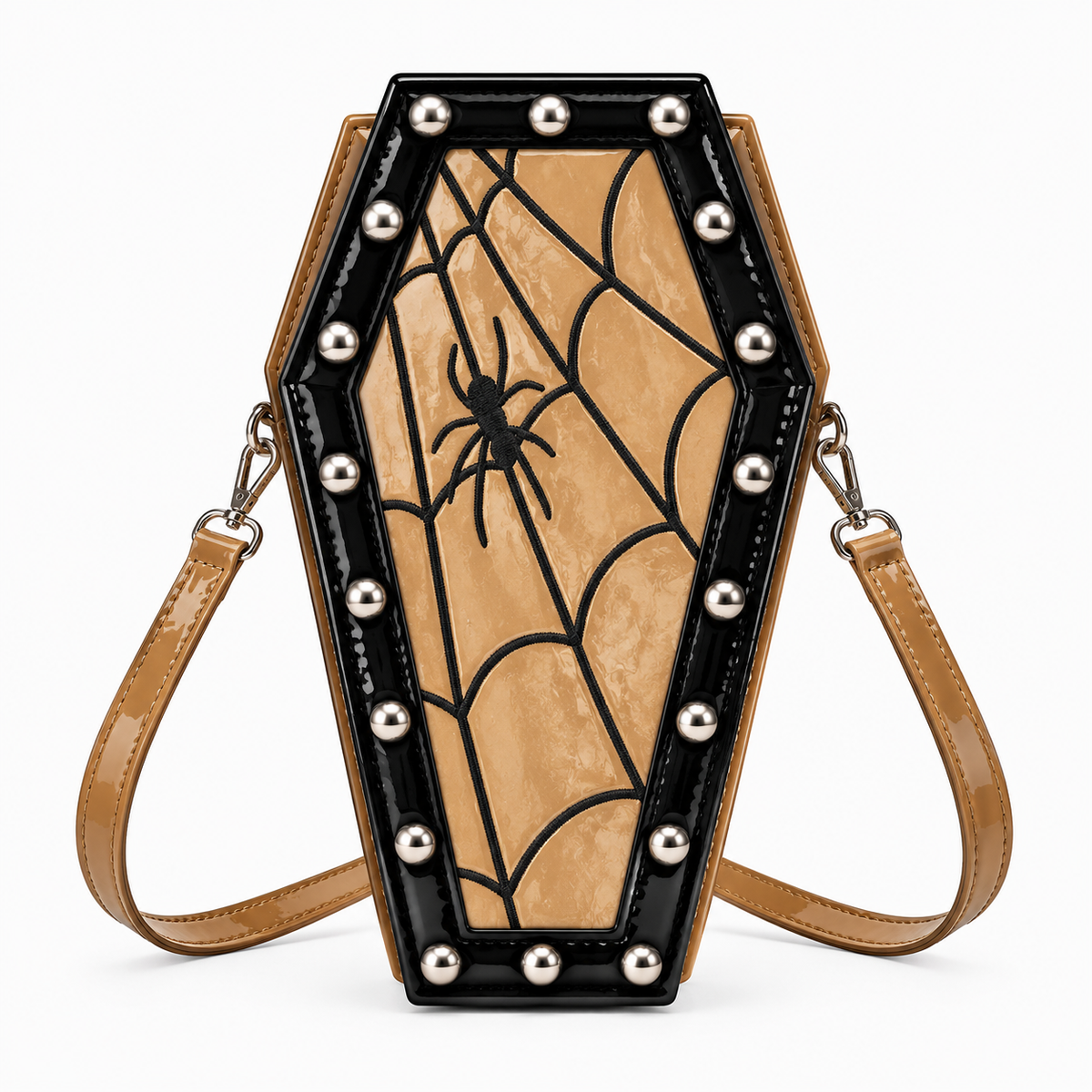 Khaki patent coffin bag with black spider web design