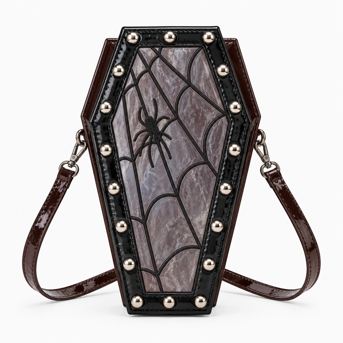 Coffee patent coffin bag with black spider web design