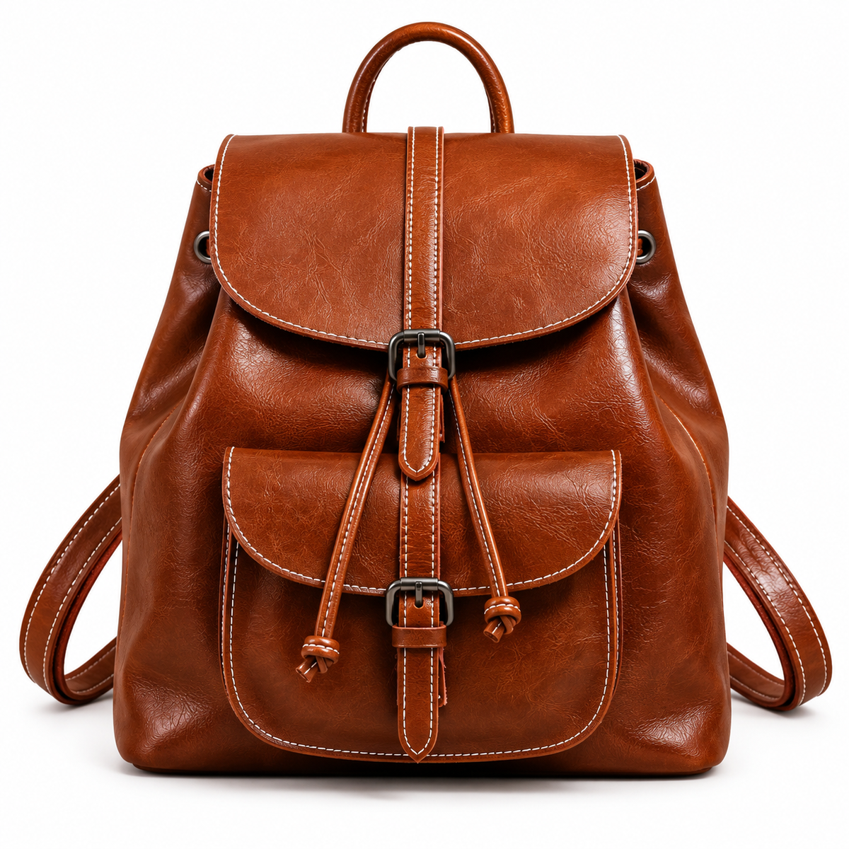 Brown leather flap backpack with buckle straps and contrast stitching