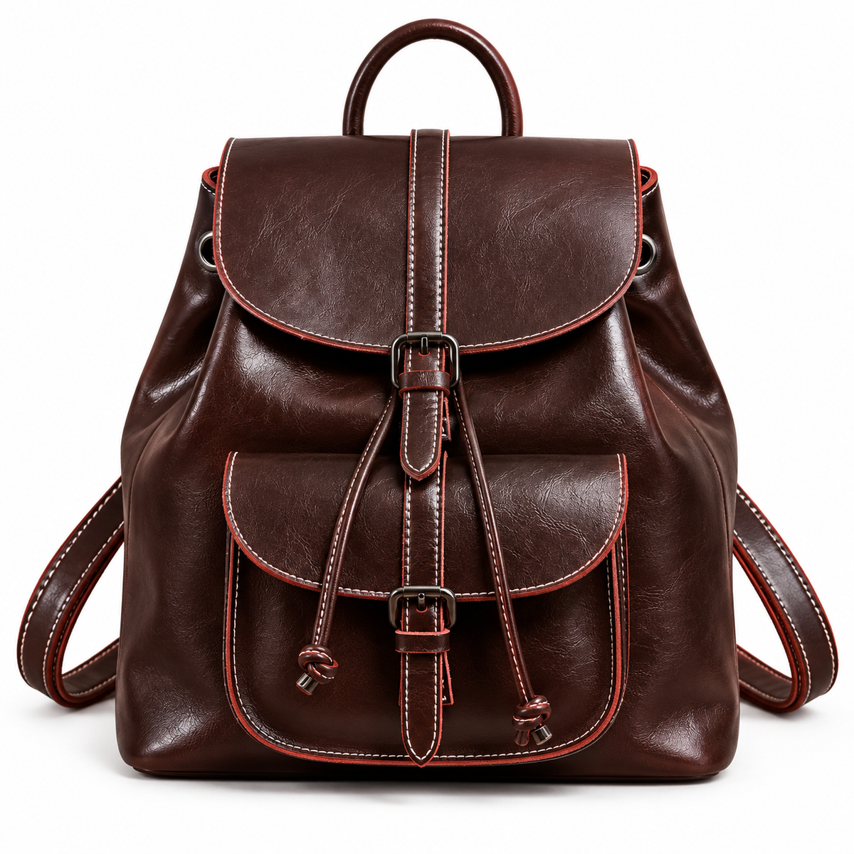 Dark Brown leather flap backpack with buckle front pocket