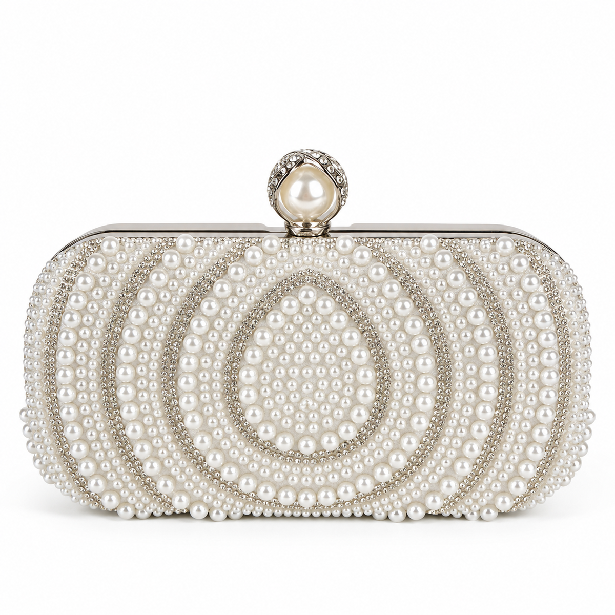 Women's White Pearl Bridal Box Clutch with Chain
