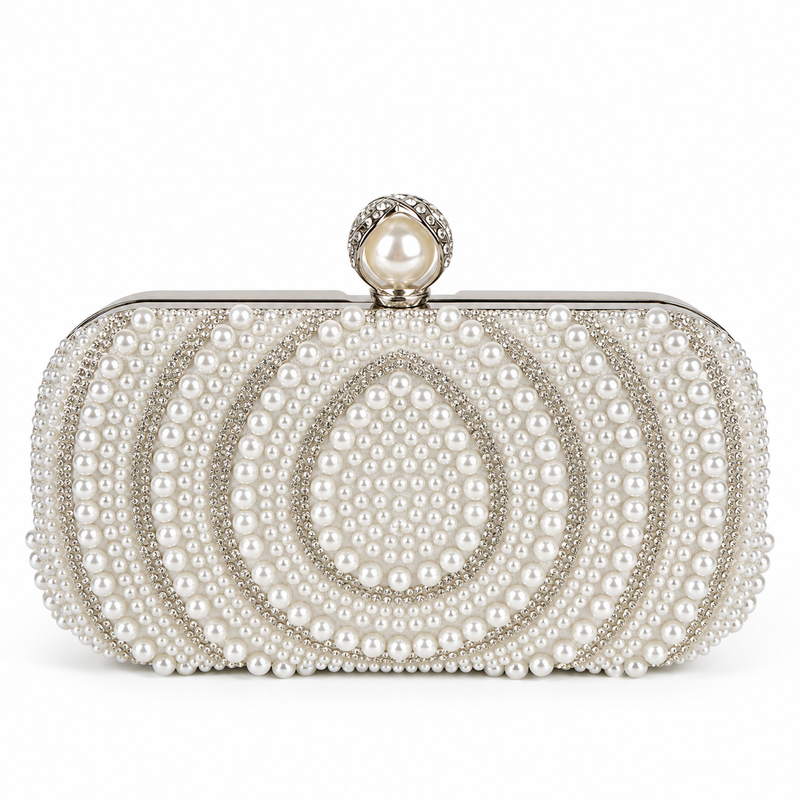 White pearl and rhinestone bridal clutch with pearl kiss-lock clasp