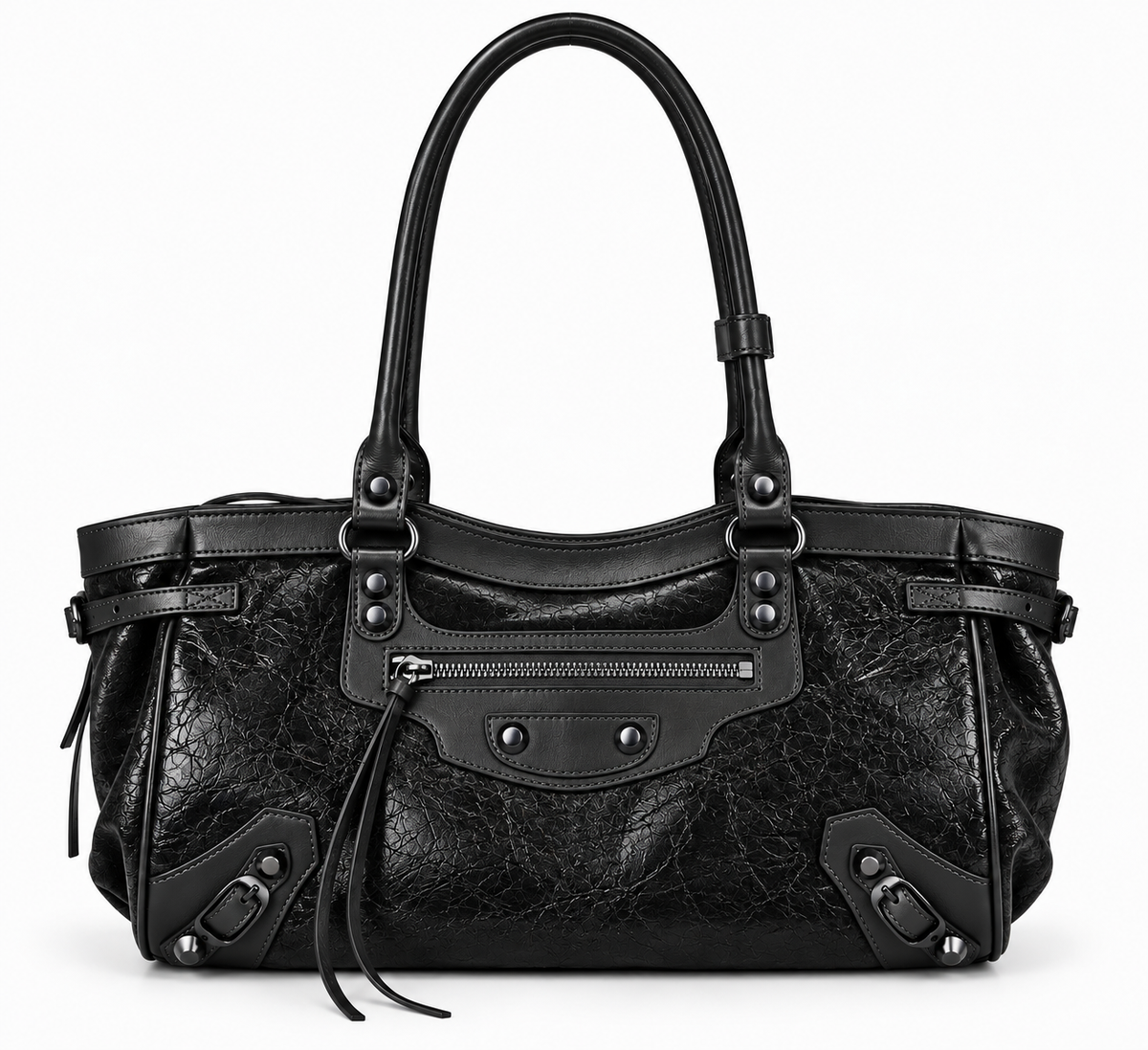 Black crinkled leather moto shoulder bag with studs and front zip pocket