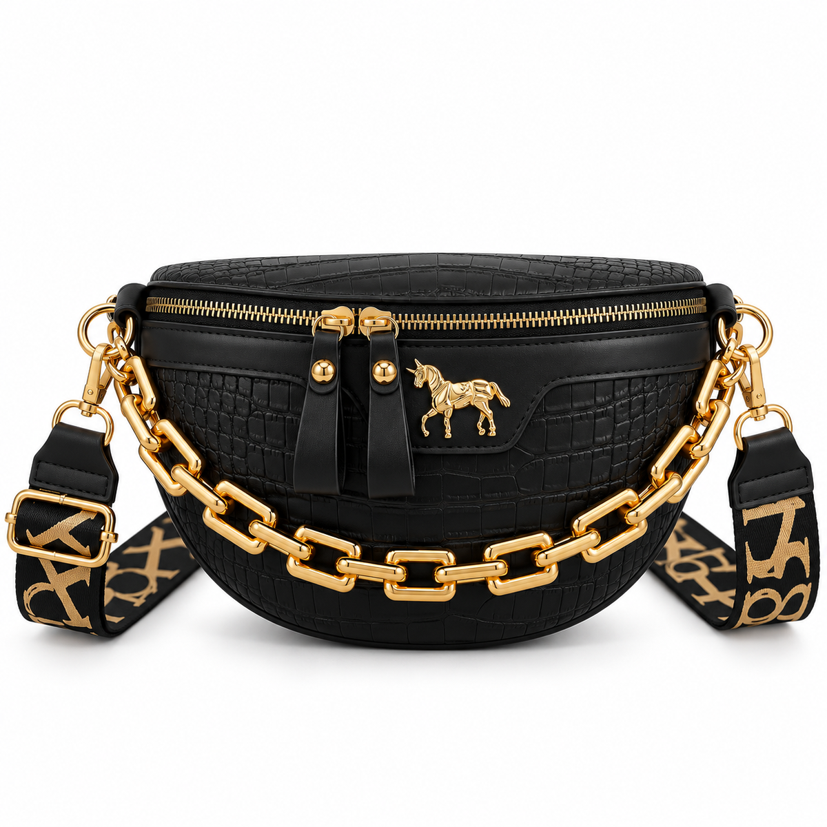 Women's Croc-Embossed Half-Moon Crossbody Bag with Wide Strap