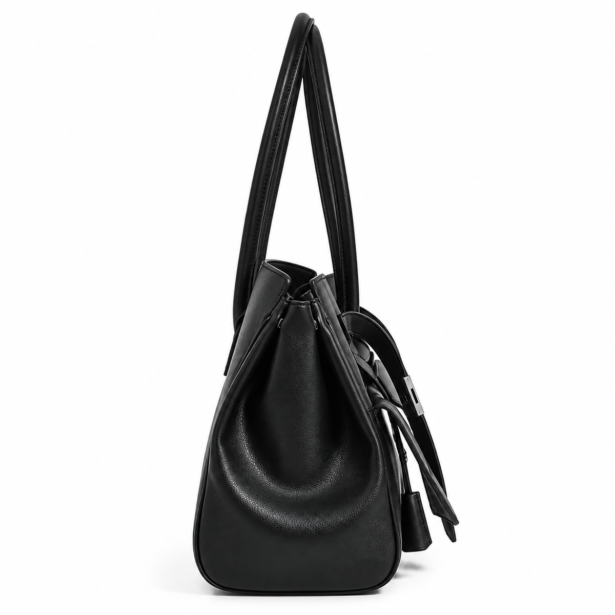 Women's Wing-Style Commuter Tote Bag in Black with Silver Hardware, view 2