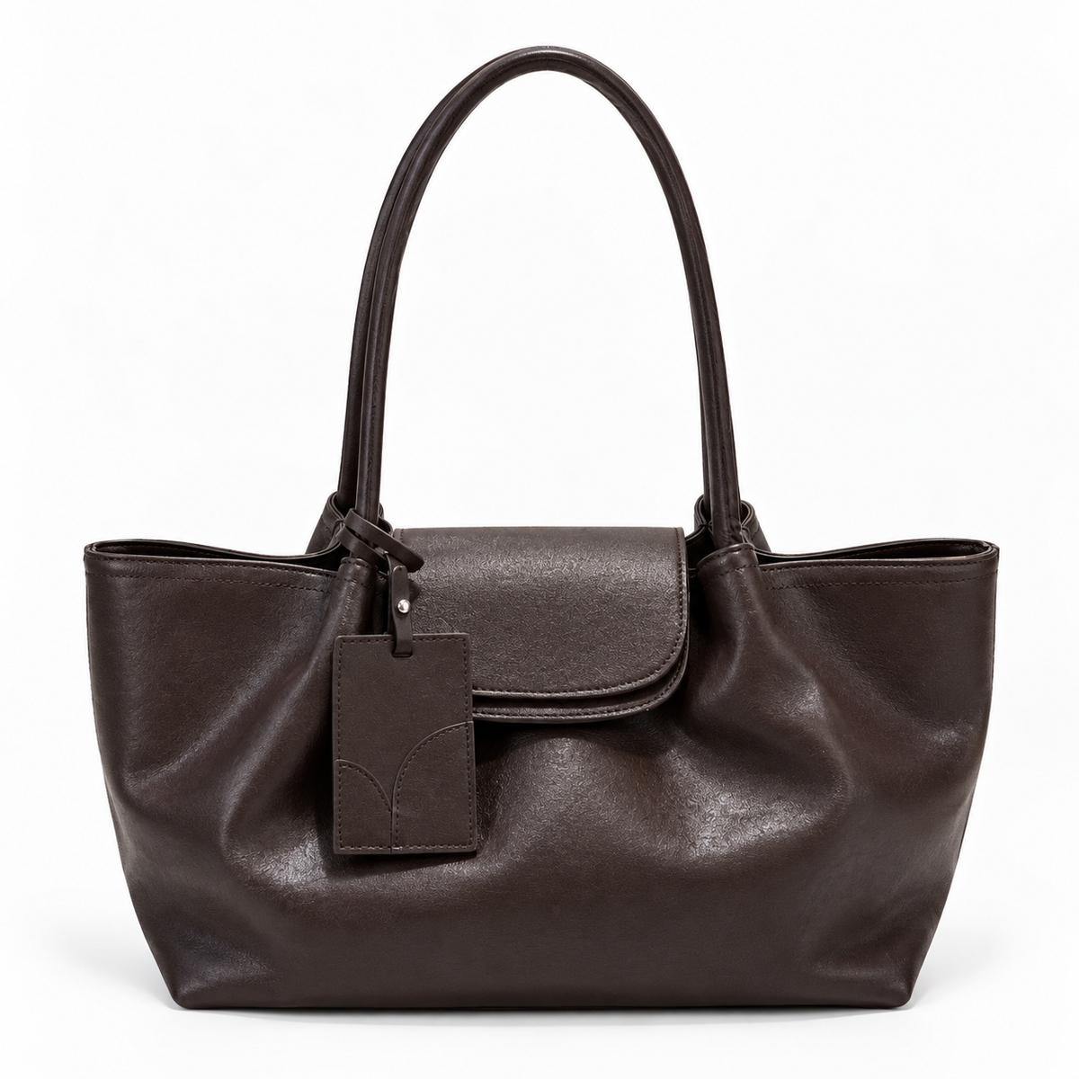 Dark Brown slouchy leather tote with flap pocket