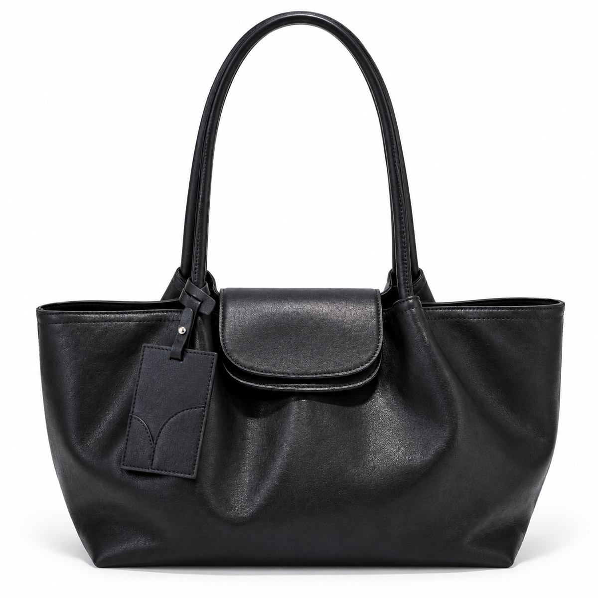 Black slouchy leather shoulder tote with front flap pocket and hang tag