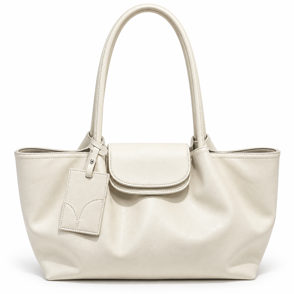 White slouchy leather shoulder tote with flap pocket