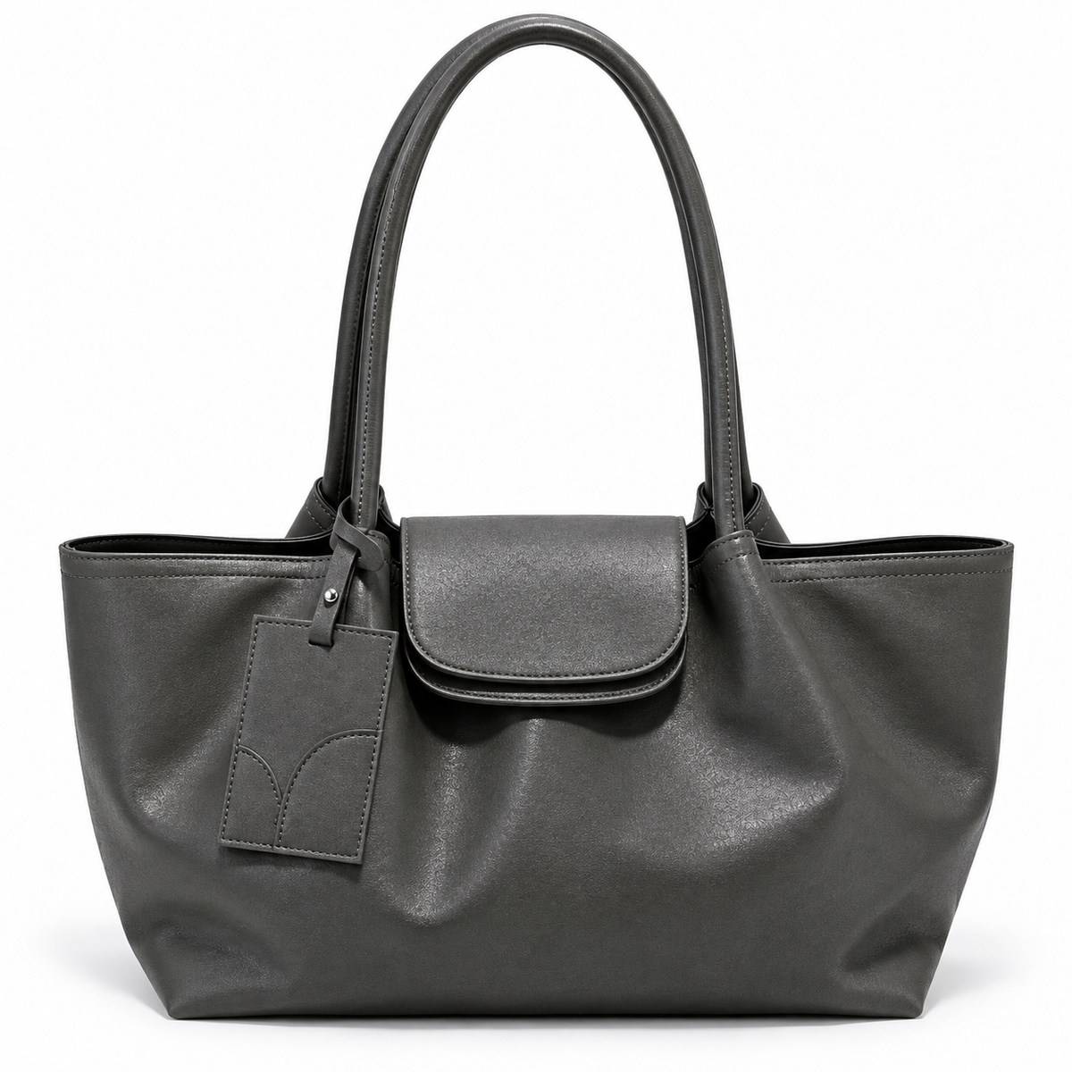 Gray slouchy leather shoulder tote, front view
