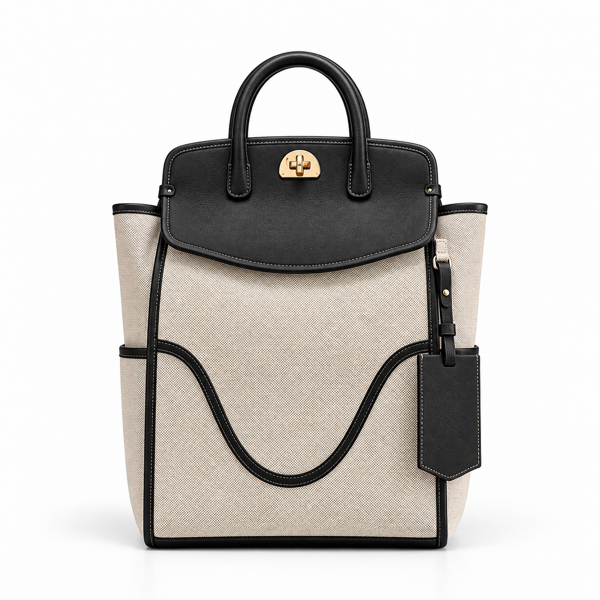 Beige canvas backpack with black faux leather flap, turn-lock and luggage tag