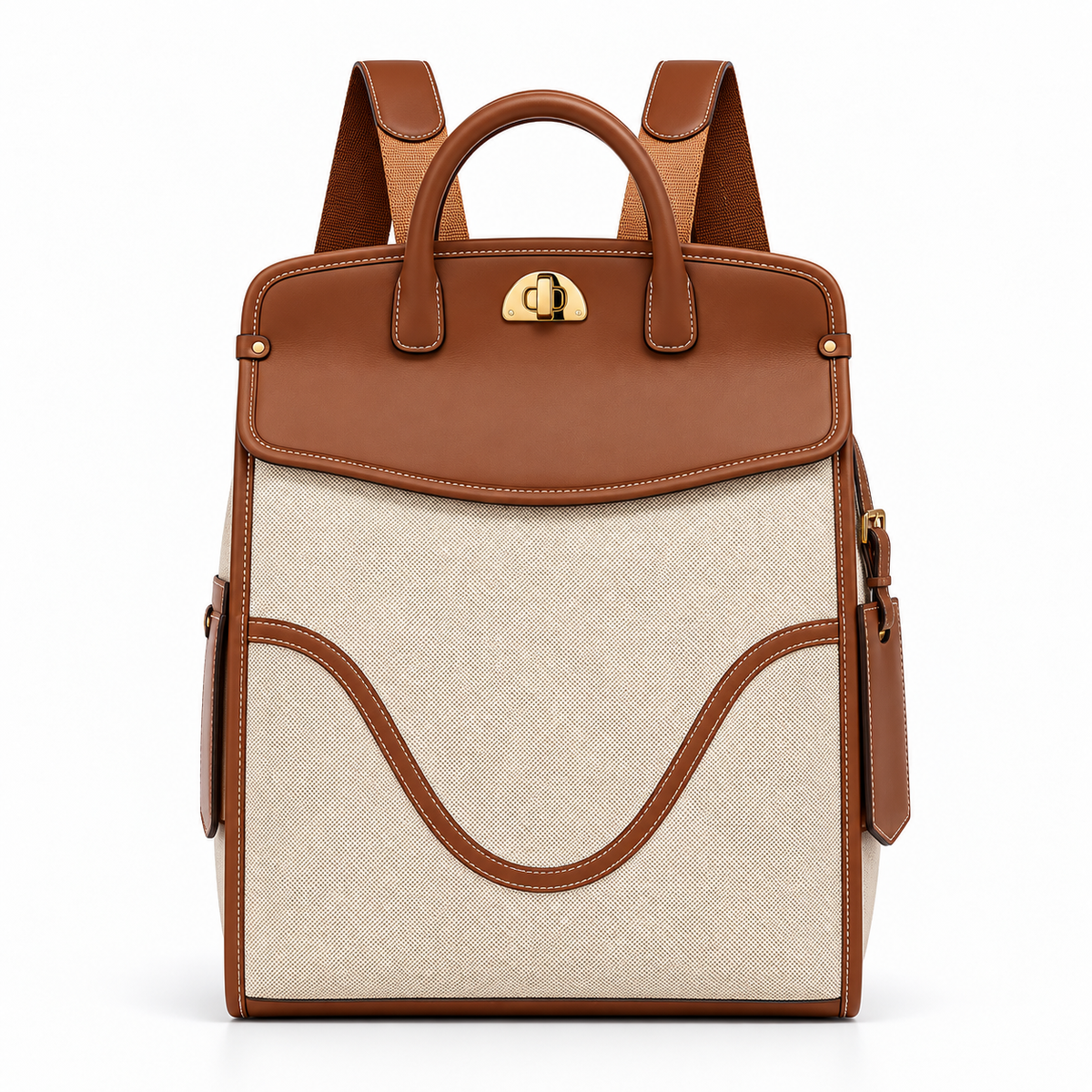 Beige canvas backpack with brown faux leather flap and gold turn-lock