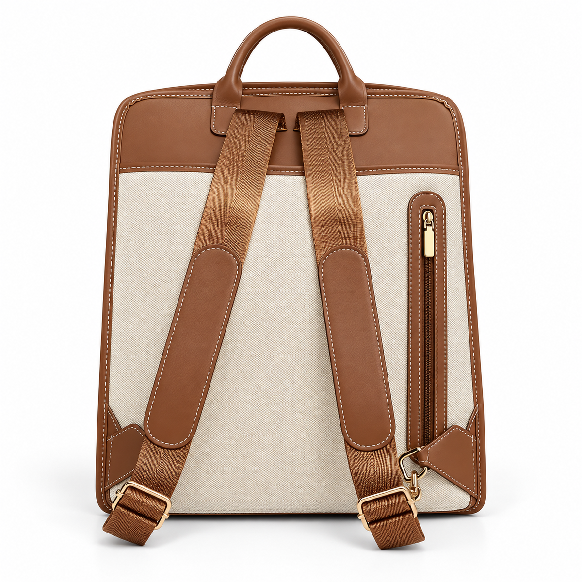 Brown-trim backpack back view with padded straps and zip pocket