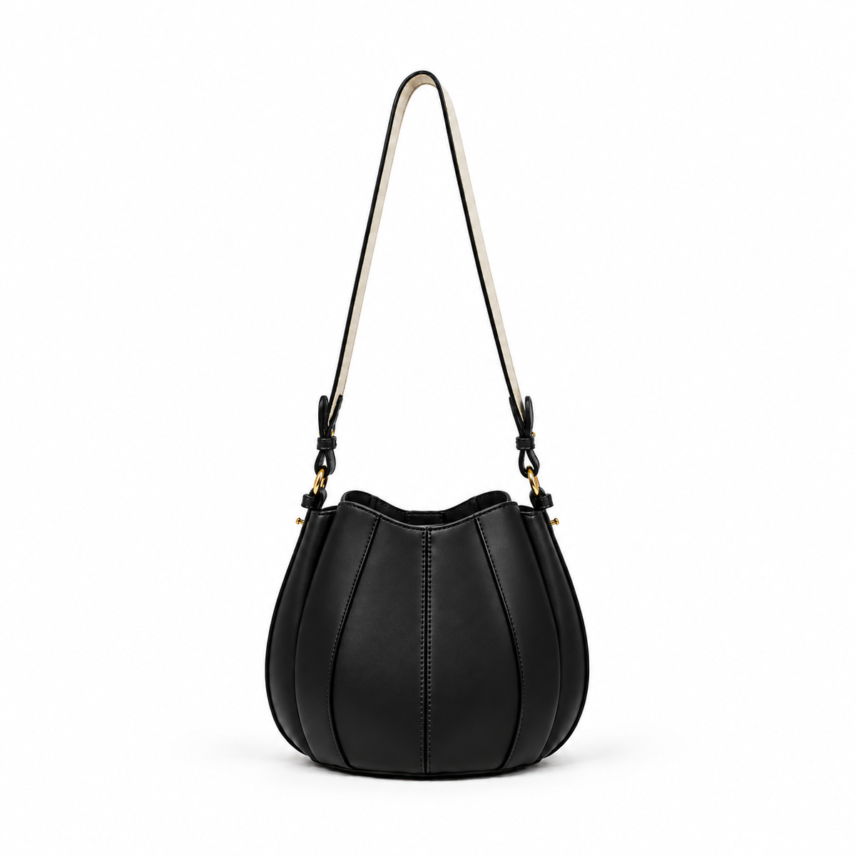 Black paneled faux leather bucket bag with webbing strap