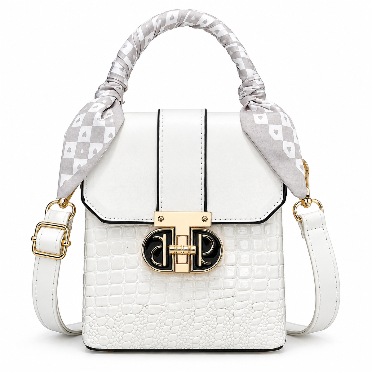 White croc-embossed mini box bag with gray printed scarf