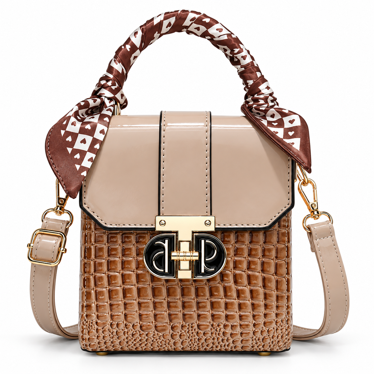 Khaki and brown two-tone croc-embossed mini bag with scarf