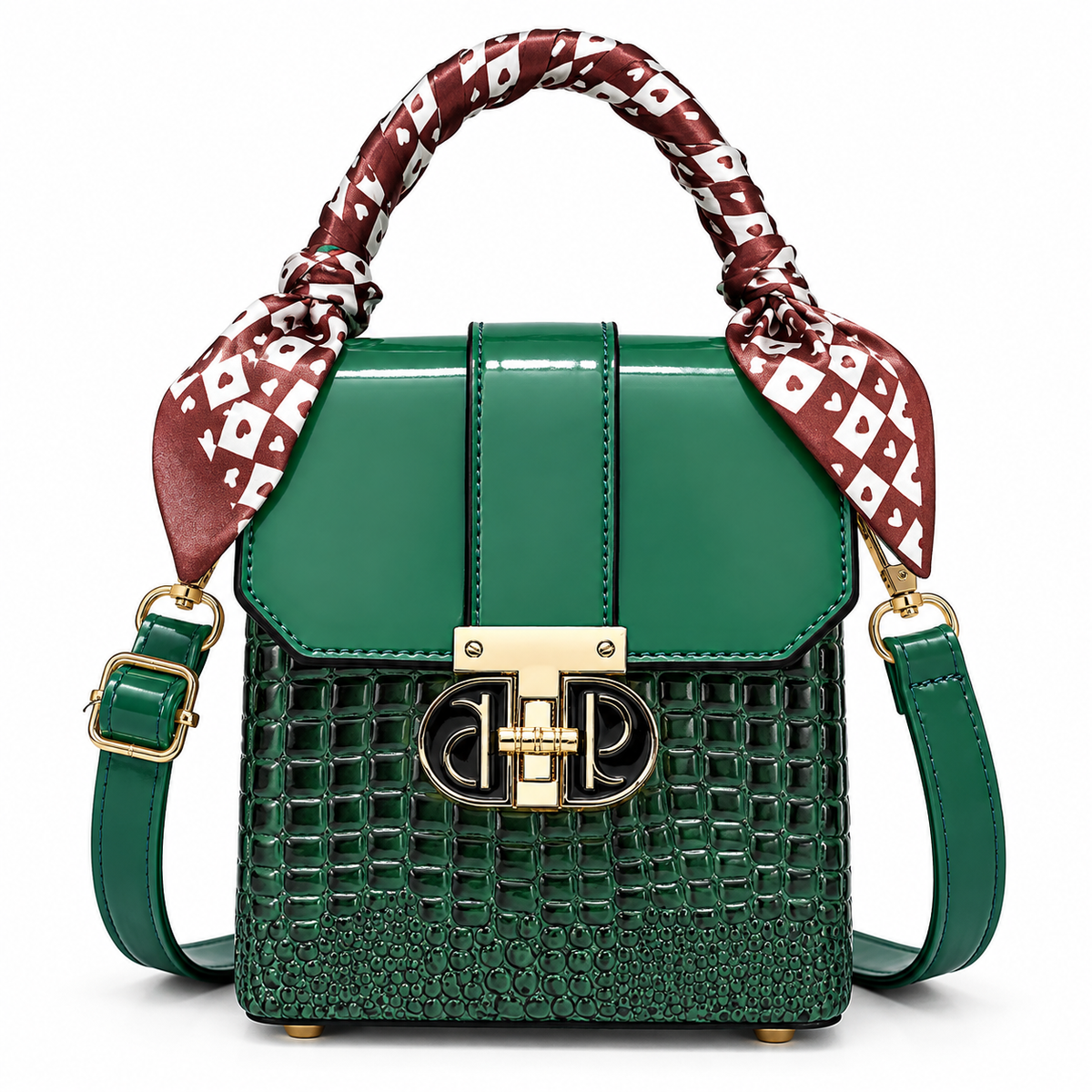 Green croc-embossed mini box bag with printed scarf on handle